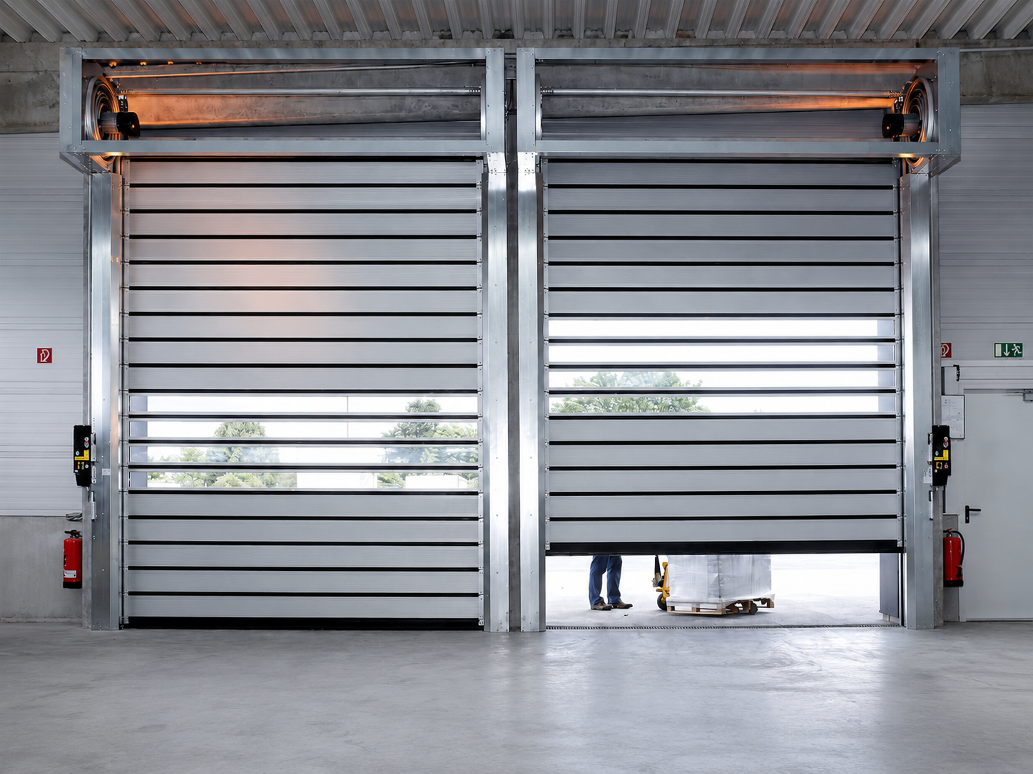 Galvalume rolling shutter installed at commercial entrance — front elevation view